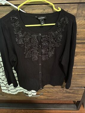 White House Black Market. Black floral cardigan and B/W Stripe Tshirt. Set of 2
